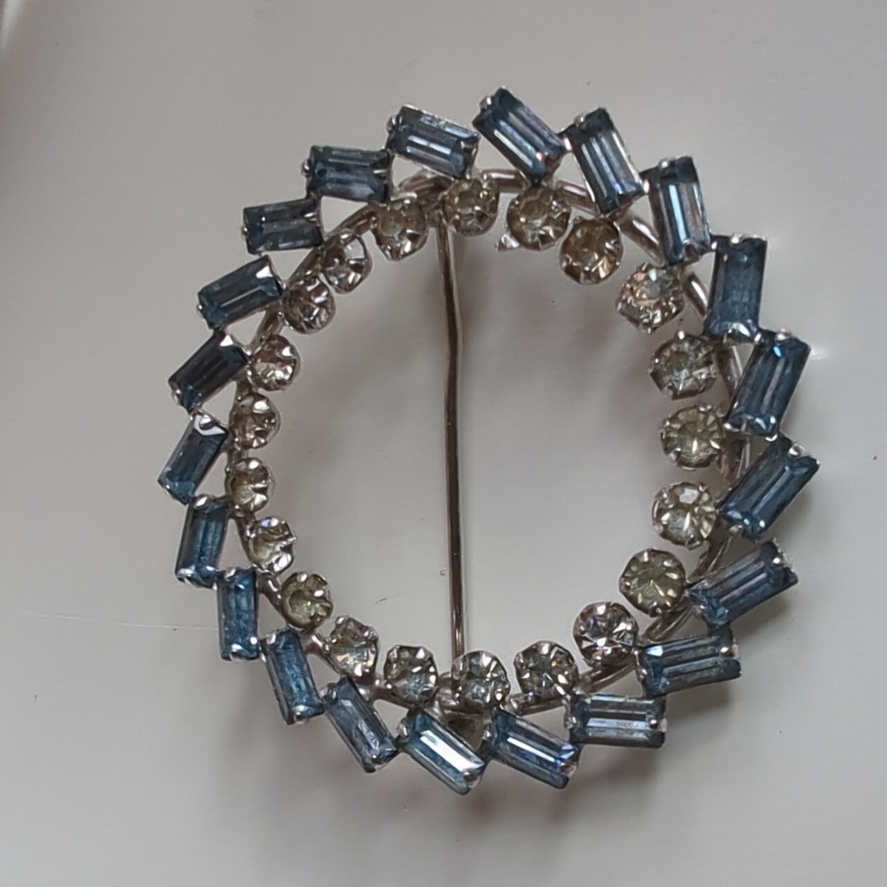 Vintage Carl Art Sterling Silver Blue Baguette Clear Round Rhinestone Brooch/Pin